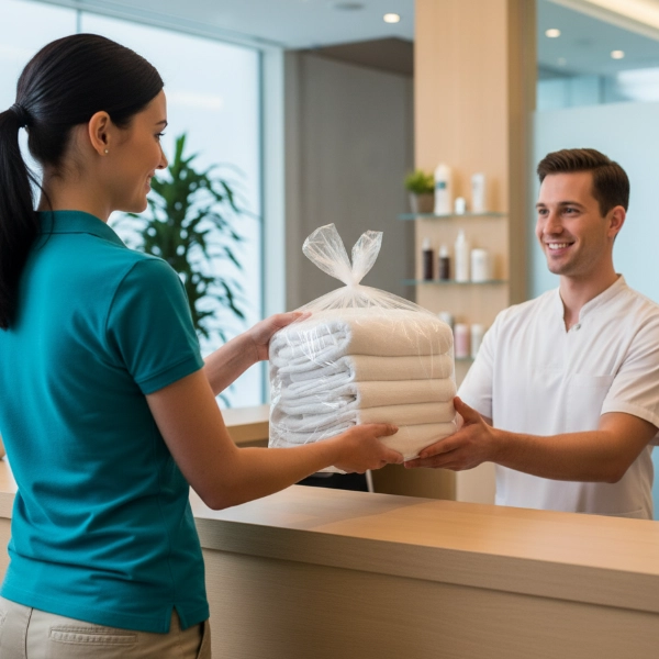 Woman Dropping Off Towels At Spa 600X600