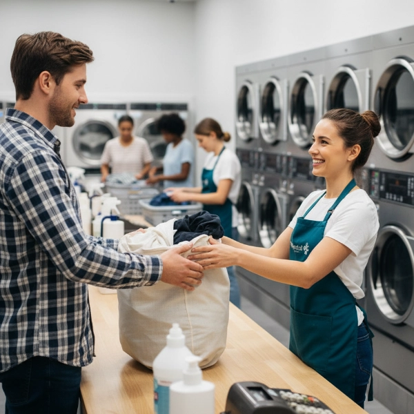Young Man Dropping Off Laundry With Worker 600X600