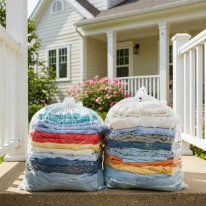 Laundry In Plastic Bags On Door Step Of Suburban Home 300X300